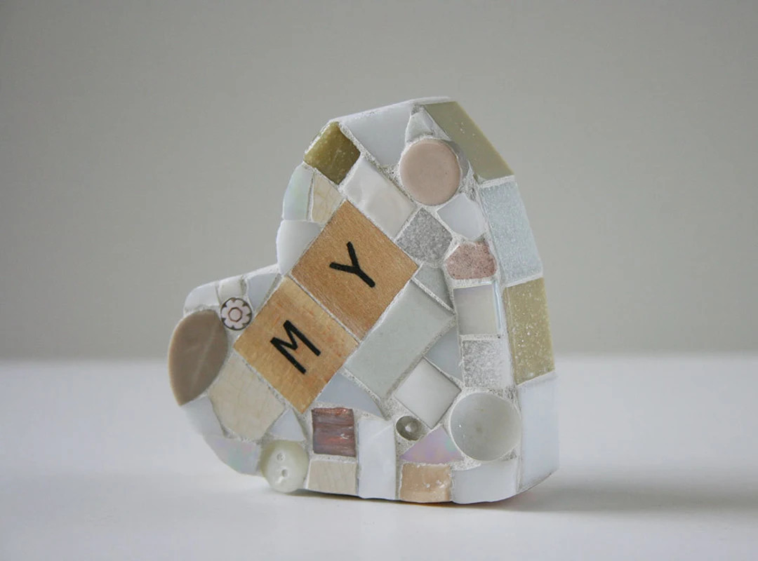 White Mosaic Heart Paperweight Small Mixed Media Wood Letters Found Objects Valentines Day Love M... | Etsy (US)