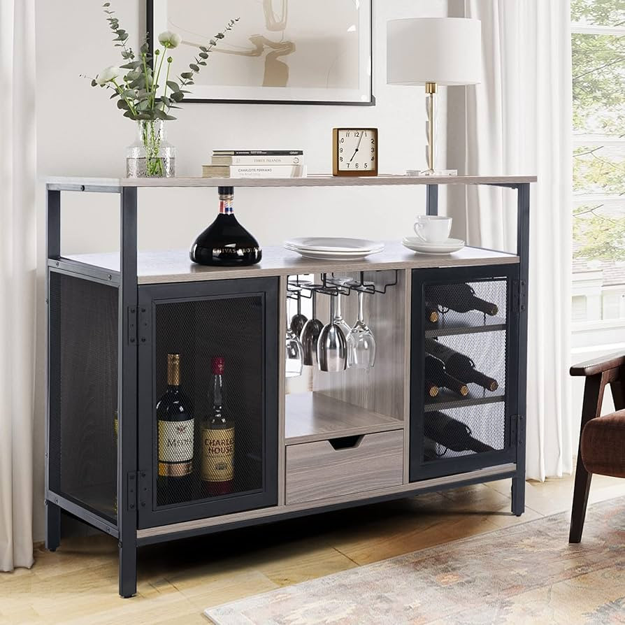 COSVALVE Industrial Wine Bar Cabinet, Liquor Glasses 2 Tier Wood Coffee Bar, Cabinet Wine Rack Al... | Amazon (US)