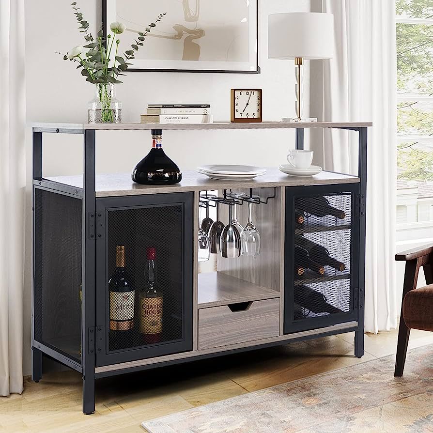 COSVALVE Industrial Wine Bar Cabinet, Liquor Glasses 2 Tier Wood Coffee Bar, Cabinet Wine Rack Al... | Amazon (US)