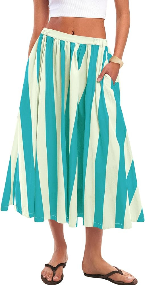Panadila Womens Striped Midi Skirt Summer Beach Long Flowy Skirts Elastic High Waisted A Line Ski... | Amazon (US)
