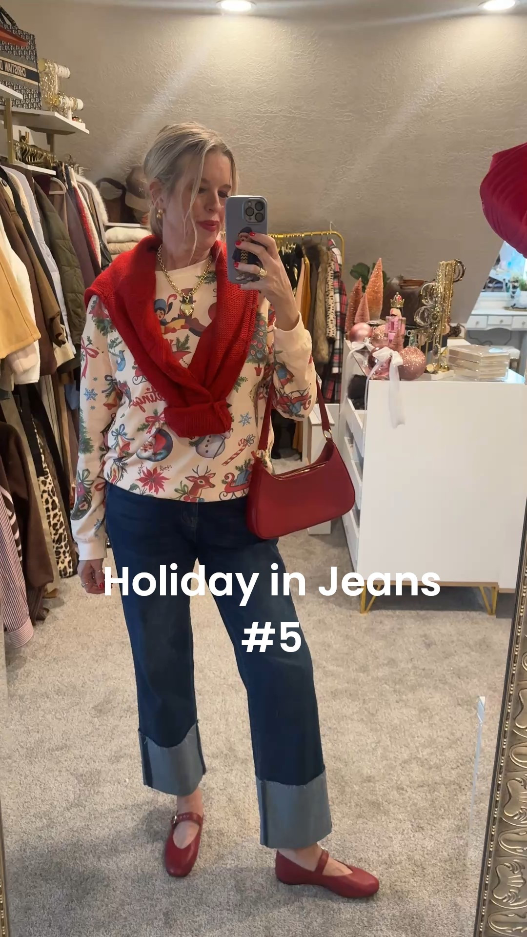 Holiday in Jeans
#5 in the series…

This girl loves Bling and any occasion to get dressed up or overdressed ❤️🎀🌲

But, I also love denim like most of us do!… I am sharing a series of “Holiday in Denim”

These looks are perfect for….
CEO -Christmas Errands Outfit
-HolidaySocial events that aren’t necessarily a party..

-like a cookie swap
-Christmas shopping
-Helping at school
-Child’s school play or recital 
-Grabbing  coffee with a friend
-Local Boutique Pen House
-Seeing Santa
-Christmas tree lighting
-Neighborhood light tour

You get the picture🌲🎅🏻🎄🍭❤️🎀

Today is a more casual look, but still festive….

Vintage postcard print , light weight sweatshirt ❤️🎀🌲
Amazon find, fits tts in a med 

Dark denim with large cuff jeans under $40 Amazon find tts in med 

Red leather Mary Jane’s by Madewell  (other colors available) red sold out 
I linked another pair that is the same and close to same price instock tts 

Red cable knit sweater v neck Amazon find, fits tts 


Red Laudi vindi leather bag 

Gold heart charm & necklace Allie & Bess save 20% with DARCY20 

Earrings a from lisi lurch 


-

#LTKFindsUnder50 #LTKOver40 #LTKHoliday