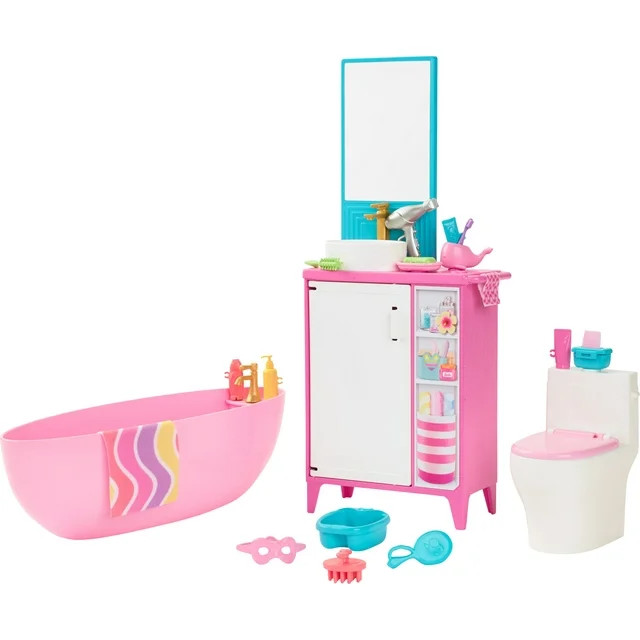Barbie World Bathtime Toy Playset with 19 Dollhouse Accessories Including Bathtub, Toilet, & Vani... | Walmart (US)