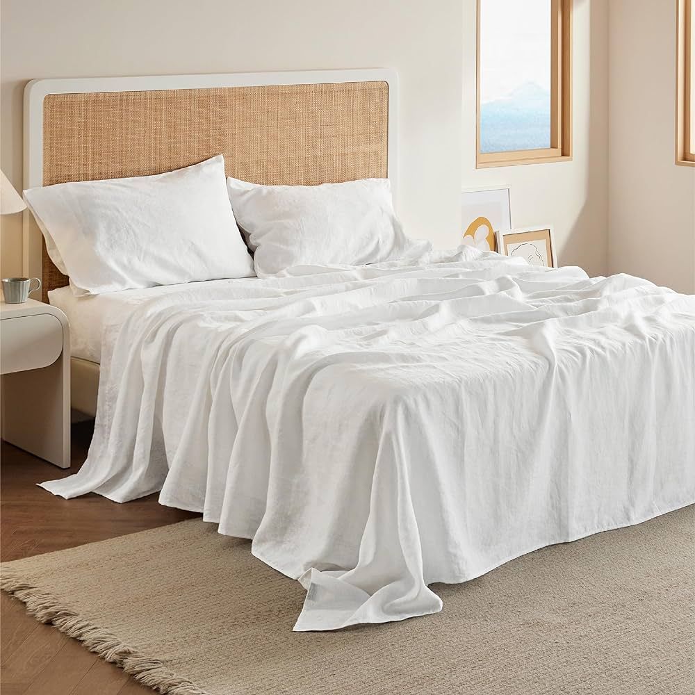 Bedsure Linen Sheets - King Linen Bed Sheet, 4 Pcs Breathable Cotton Bed Sheets, White Cotton She... | Amazon (US)