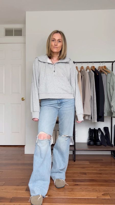 Spring outfits. Spring outfit idea. Casual outfits. Casual outfit idea. Half zip sweatshirt. Wide leg jeans. Clogs. Birkenstock. Mom outfit.

#LTKSeasonal #LTKfindsunder100 #LTKfindsunder50