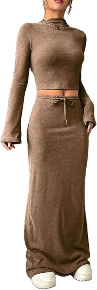 2 Piece Skirts Sets for Women Long Sleeve Half Turtleneck Crop Tops Bodycon Maxi Fall Winter Matc... | Amazon (US)