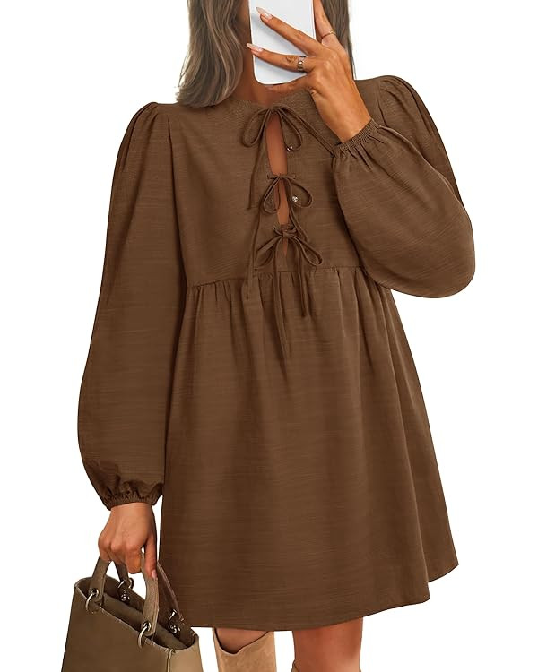 ZESICA Women's Dress Fall Long Puff Sleeve Self Tie Front Babydoll A Line Pleated Cute Mini Tunic... | Amazon (US)