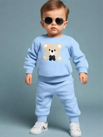 2pcs Baby Boy Blue Long Sleeve Sweater Top And Blue & White Striped Elastic Waist Pants Sweater S... | SHEIN