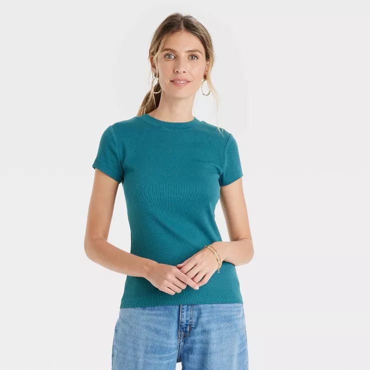 Women's Short Sleeve Slim Fit Ribbed T-Shirt - A New Day™ | Target