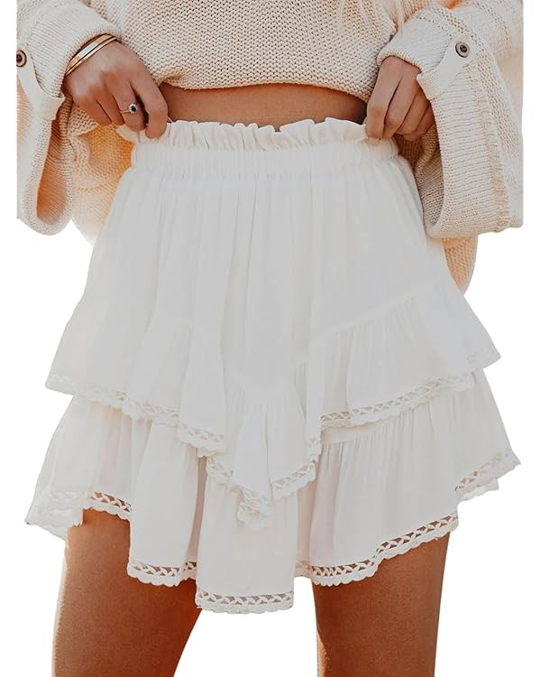 Flowy Shorts for Women Casual Boho Ruffle Tiered Skorts High Waist Mini Skirts Golf Tennis Croche... | Amazon (US)
