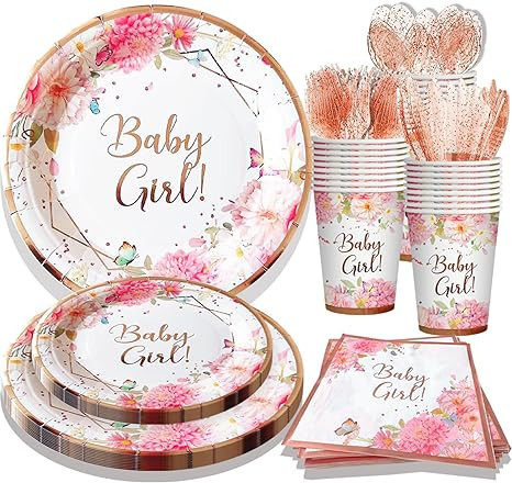 Baby Shower Decorations for Girls, Baby Shower Plates Cups and Napkins 24 Guests, 168 Pcs Pink Fl... | Amazon (US)