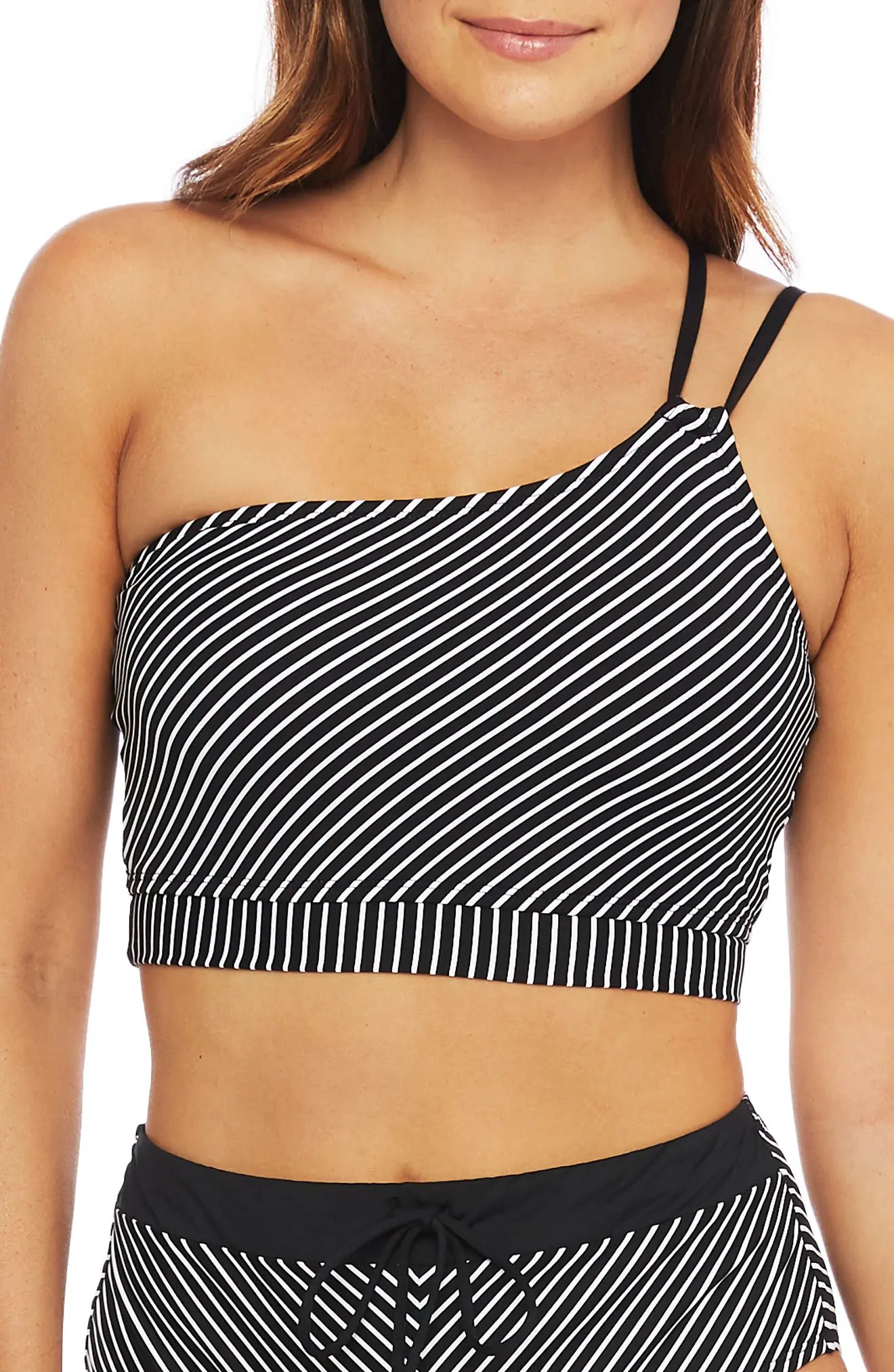 Women's La Blanca One-Shoulder Pinstripe Bikini Top, Size 10 - Black | Nordstrom