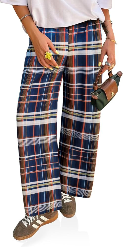 Cicy Bell Womens Wide Leg Pants High Wiasted Casual Baggy Palazzo Elastic Plaid Pants Trousers | Amazon (US)