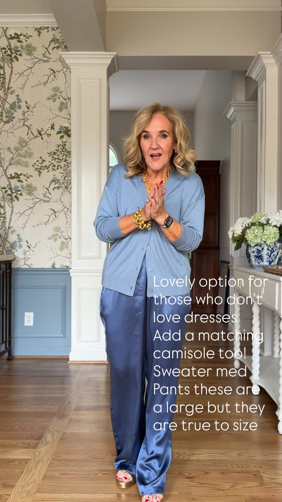 I’m wearing a size large in these drawstring 100% silk pants. You can see they’re quite big. You decide how you want to wear them.
You could pick up the camisole to match the pants if you’d like or just wear the sweater as a top. I’m wearing a medium in that. ￼