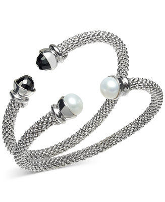 2-Pc. Set Cultured Freshwater Pearl (8 1/4 - 8 1/2mm) & Onyx Popcorn Cuff Bangle Bracelets in Ste... | Macy's