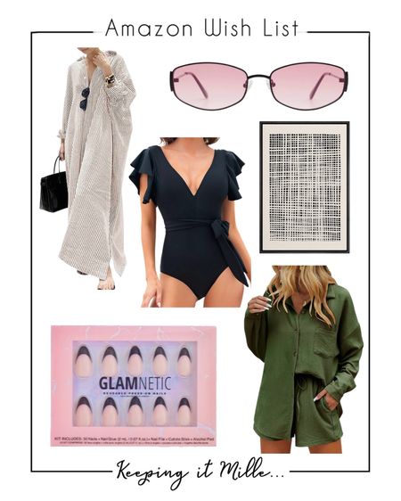 Amazon wish list: maxi shirt dress cover up, rose colored glasses, framed art, two piece matching gauze short set, ruffled one piece swimsuit, press on nails

#LTKBeauty #LTKSeasonal #LTKFindsUnder50