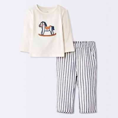 Baby Boys' Rocking Horse Long Sleeve and Striped Pants Set - Cloud Island™ Off-White 12M | Target
