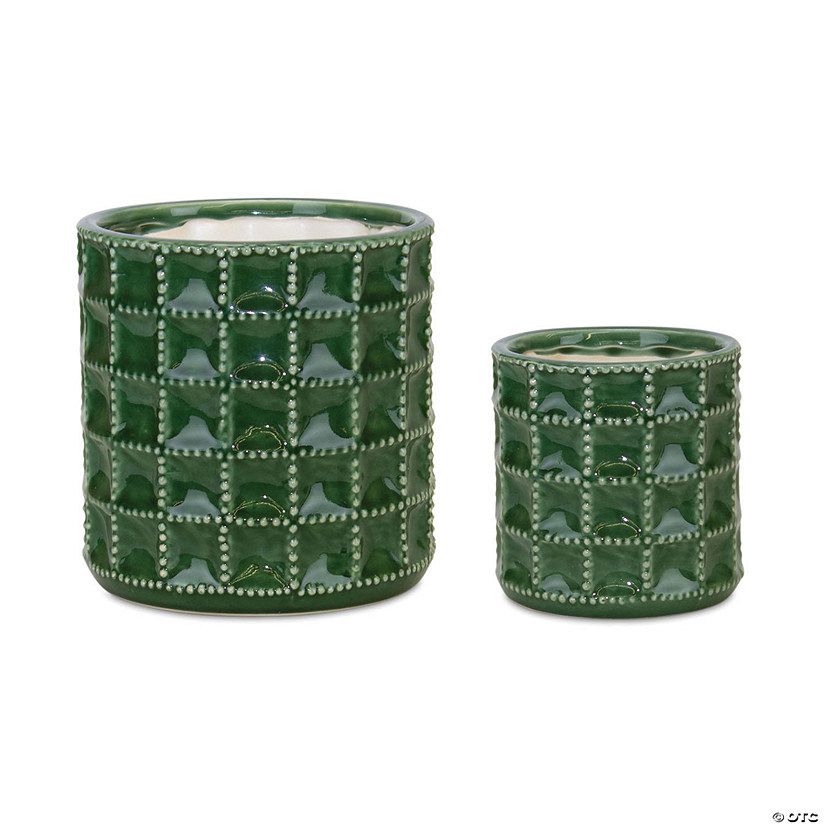Melrose International Decorative Green Geometric Pattern Terracotta Pot (Set of 2) | Oriental Trading Company