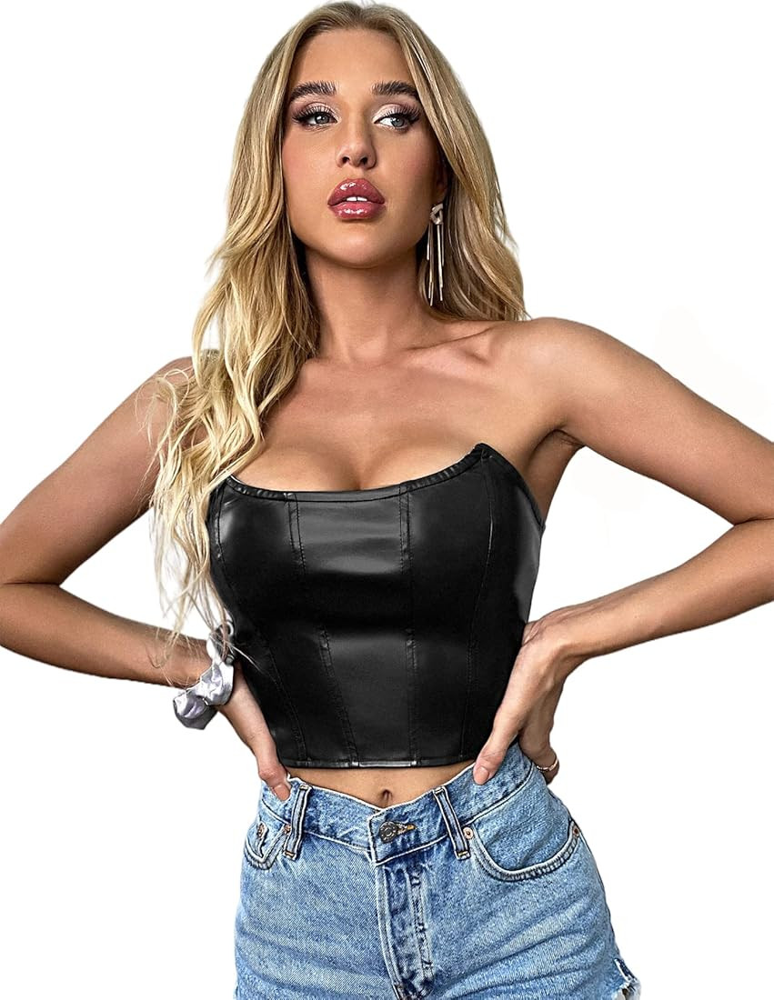 Milumia Women PU Faux Leather Tube Top Strapless Sleeveless Zip Back Crop Top | Amazon (US)