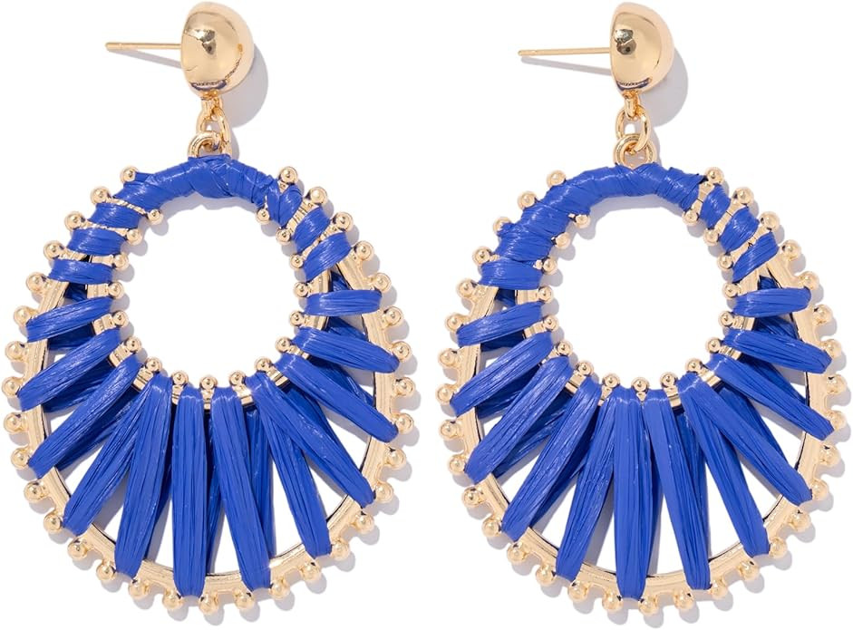 Gold Raffia Earrings Boho Summer Beach Jewelry Trendy Statement Dangle Drop Earrings for Women | Amazon (US)