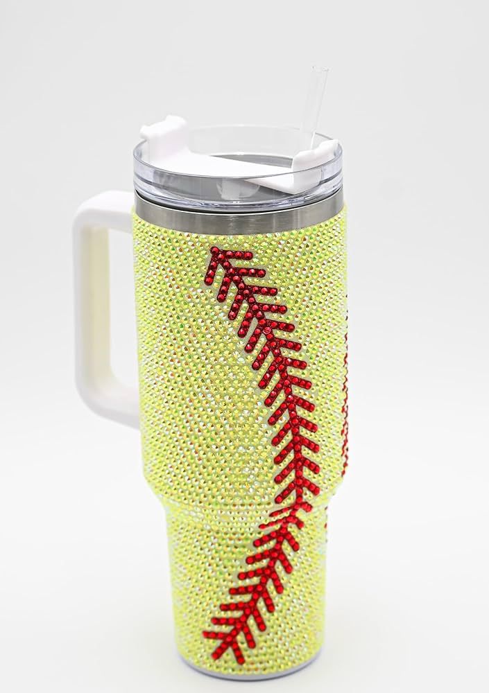 40 Oz Rhinestone Bling Tumbler with Handle and Straw (YELLOW SOFTBALL), Stainless Steel and Doubl... | Amazon (US)