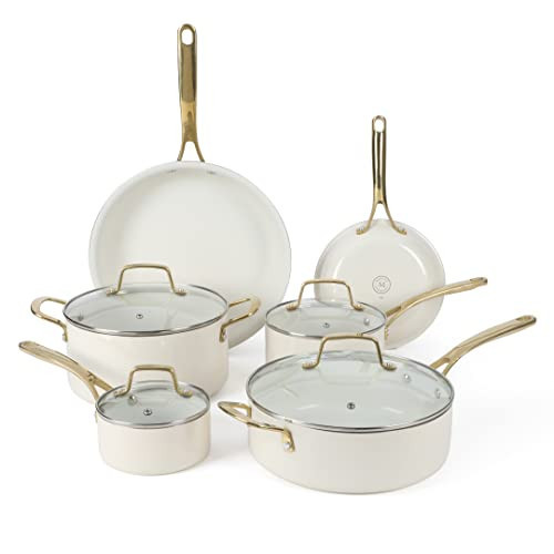 Martha Stewart Lockton Premium Nonstick PFA Free Ceramic Interior 10 Piece Heavy Gauge Enamel Aluminum Pots and Pans Cookware Set - Linen White w/Gold Handle | Amazon (US)