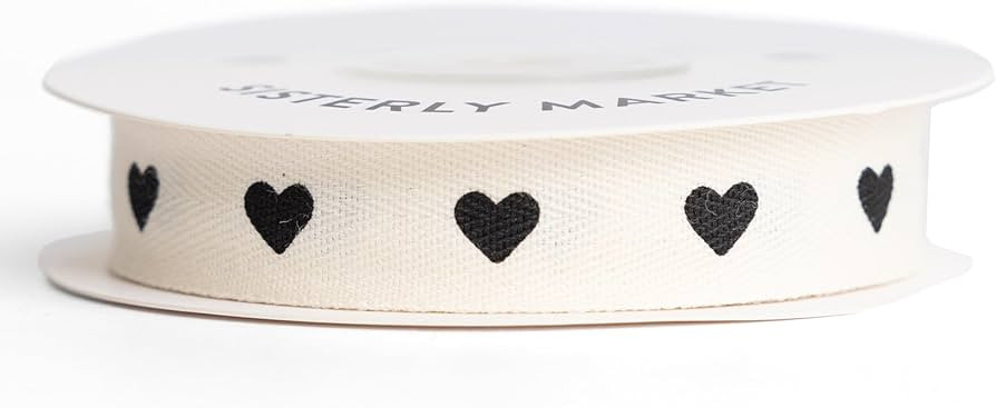 Cotton Herringbone Custom Ribbon Natural 5/8' x 10 Yards (5/8 inch, Black Hearts) | Amazon (US)
