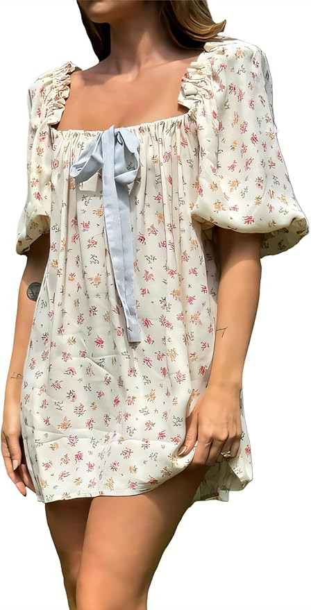 hibshaby Women's Babydoll Short Dress Puff Sleeve Cute Tie Mini Dress Floral Sundress | Amazon (US)