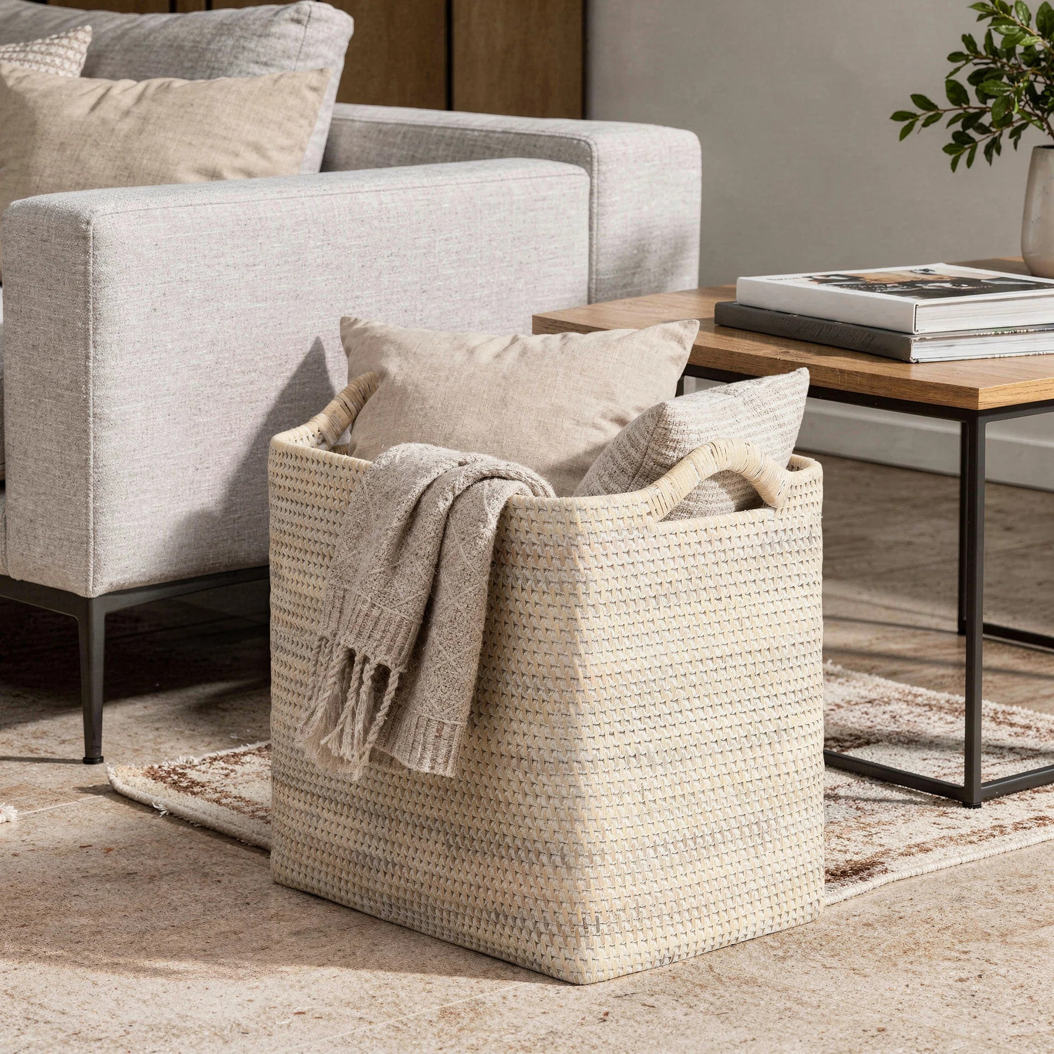Beachcrest Home Simran Rectangular Decorative Rattan Storage Basket with Ear Handles, Small, Hone... | Wayfair North America