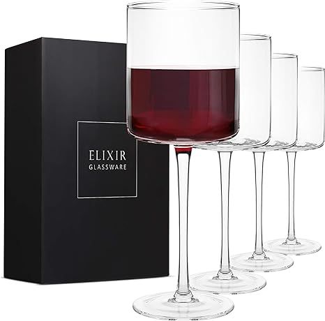 Amazon.com | Square Red Wine Glasses Set of 4 - Hand Blown Edge Wine Glasses - Modern Flat Bottom... | Amazon (US)