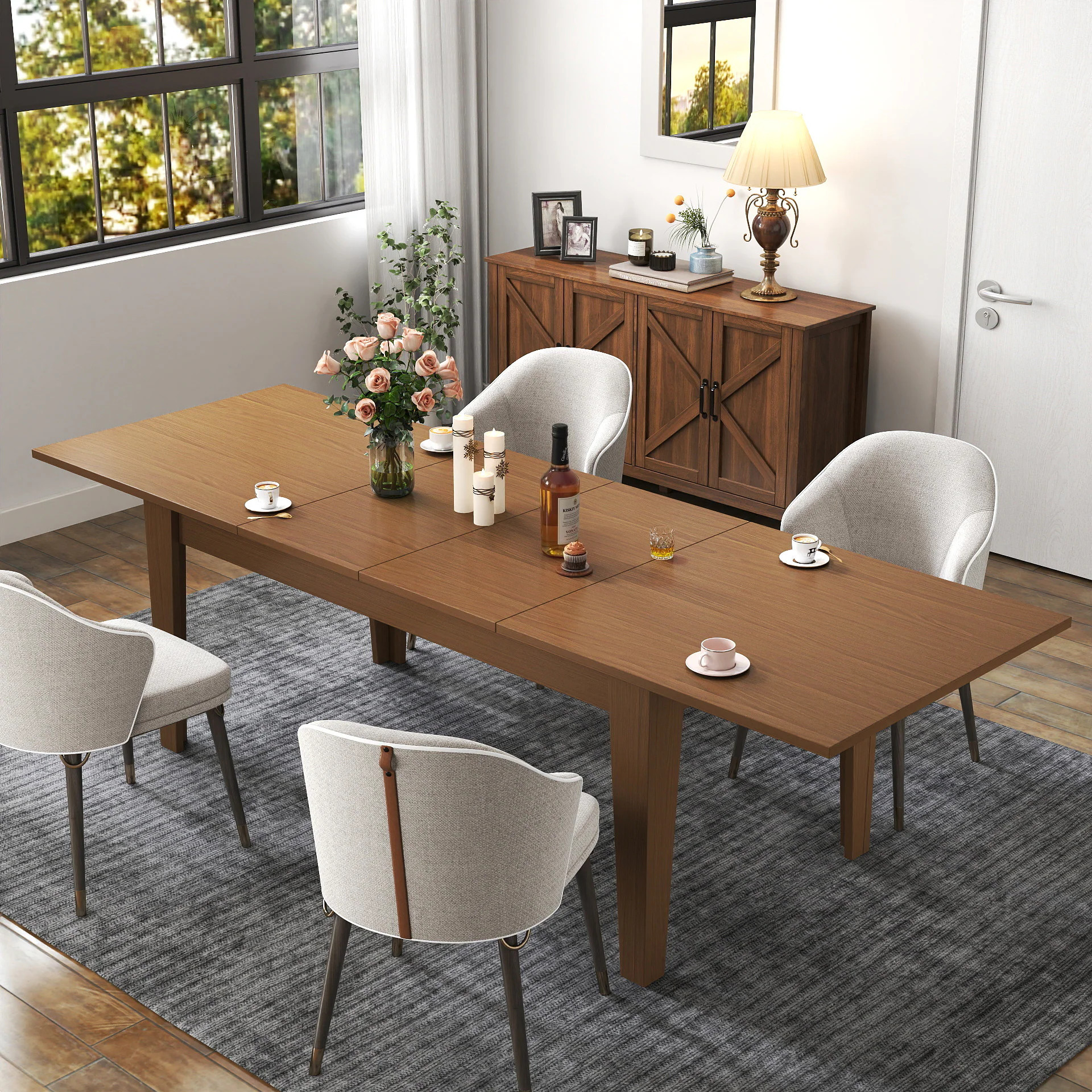 GDFStudio Indoor Modern Wood 106.3-in Extendable Kitchen Dining Table with Retractable Extension and Woodgrain Top Oak one_size in Brown | 381452 | Lowe's