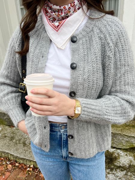 Winter outfit with grey cardigan, neck scarf, and gold jewelry 

#LTKSeasonal