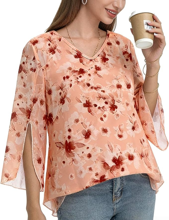 Women 3/4 Bell Sleeve Chiffon Floral V Neck Tunic Tops Double Layered Boho Mesh Loose Fit Dressy ... | Amazon (US)