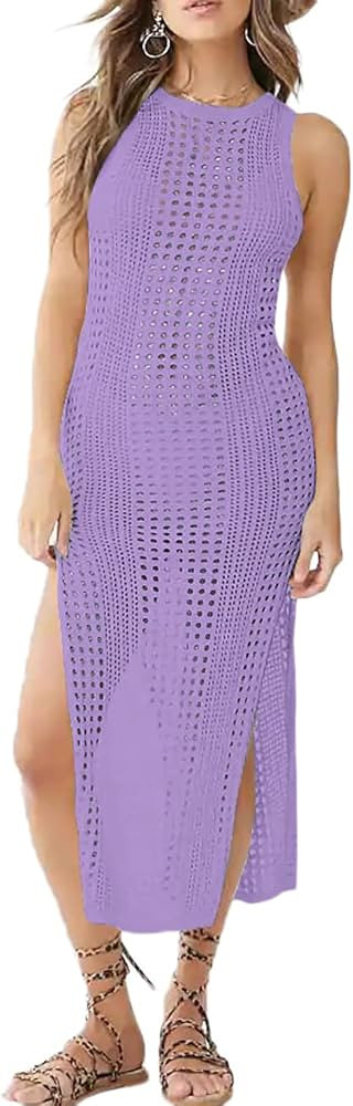 Bsubseach Crochet Cover Ups for Women Hollow Out Sleeveless Bikini Swimsuit Swimwear Side Split Long | Amazon (US)