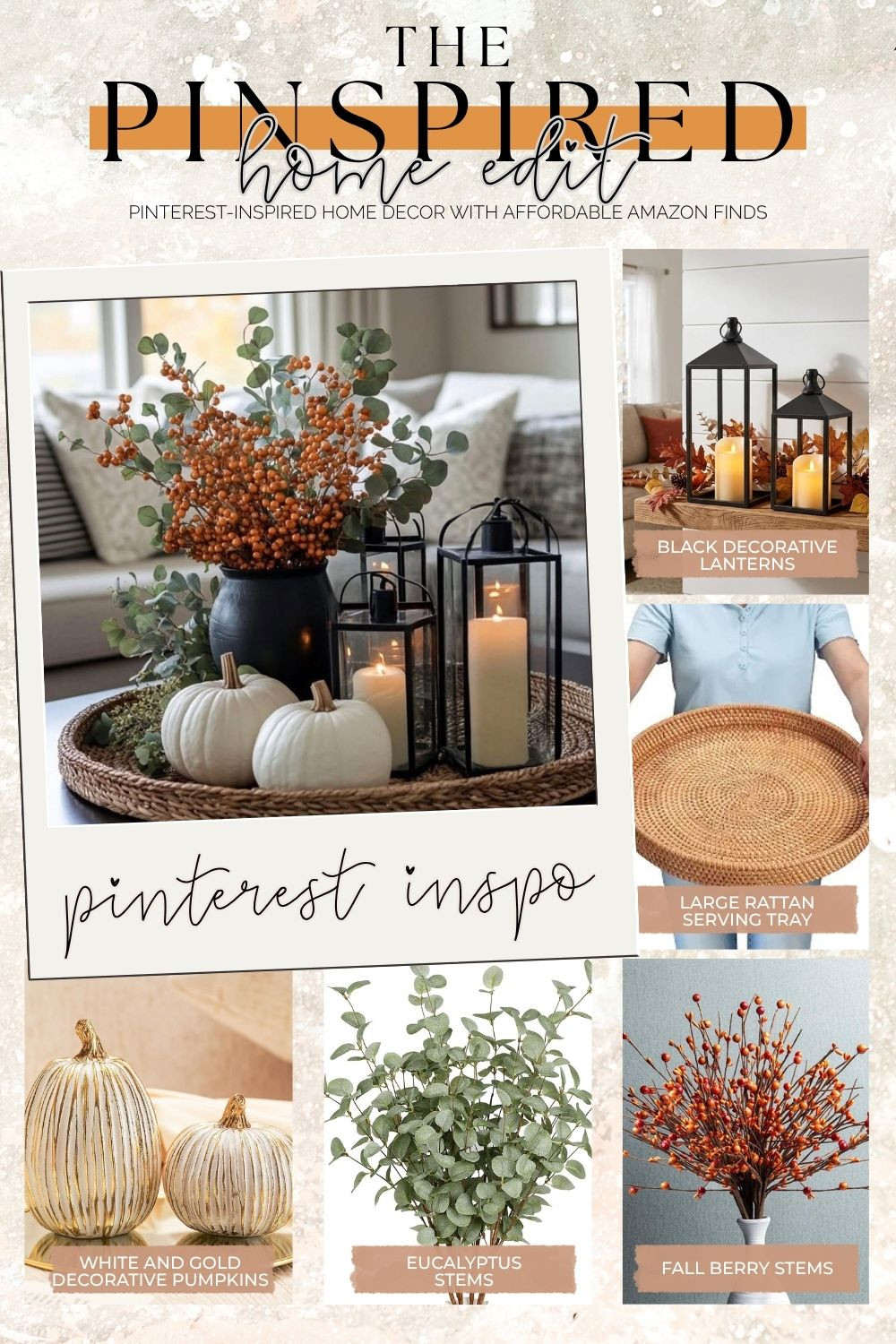Cozy fall home decor inspired by this warm, neutral Pinterest look 🍂 I found affordable Amazon decor to recreate the style, including black decorative lanterns, a large rattan serving tray, white and gold pumpkins, eucalyptus stems and fall berry stems. These simple fall decorating ideas are perfect for a coffee table, dining table, kitchen island or entryway and make it easy to add warm autumn color without completely changing your everyday decor.

#FallHomeDecor #AmazonHome #AmazonFinds #FallDecor #AutumnDecor #CozyHome #NeutralFallDecor #CoffeeTableDecor #FallCenterpiece #FarmhouseDecor #AffordableHomeDecor #FallDecoratingIdeas #PinterestInspired #HomeDecorFinds 

 #LTKSeasonal #LTKOver40 #LTKHome