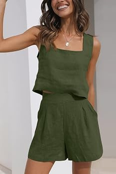 AUTOMET Womens 2 Piece Outfits Lounge Matching Sets Two Piece Linen Shorts Crop Tops 2023 Trendy ... | Amazon (US)