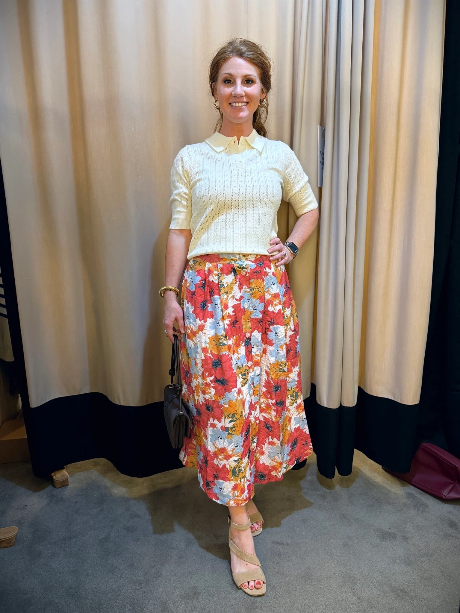 These pieces look great styled together, but would each be great on their own. I just love the detail on this polo sweater top. Polo sweater size small | floral midi skirt size XS | Nude heel 

#LTKStyleTip #LTKPetite #LTKWorkwear