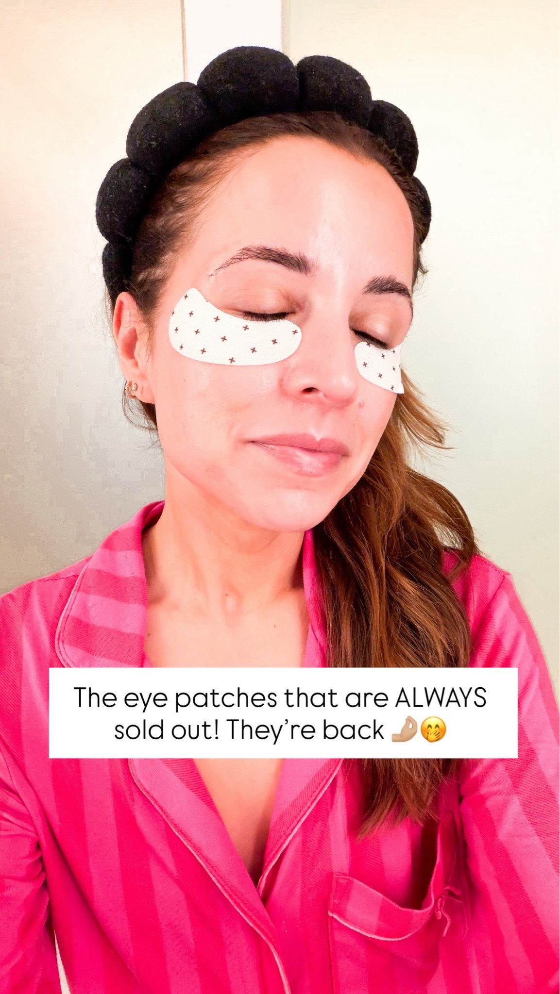 These are the best eye patches! They don’t slip and will depuff and hydrate your undereyes in the morning. I am obsessed with these & so many others agree - these constantly sell out. Wearing XS in striped pajamas. Beauty favorites. Beauty must-haves.
