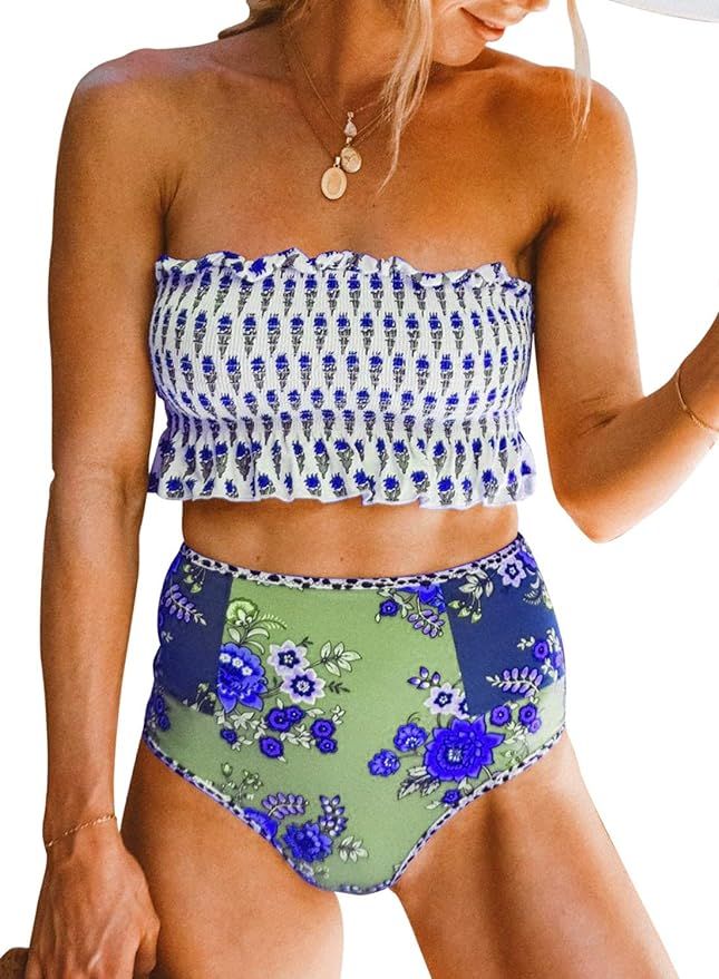 Eytino Women Printed Strapless Shirred Smocked High Cut Bandeau Two Pieces Bikini Set Swimsuit(S-... | Amazon (US)