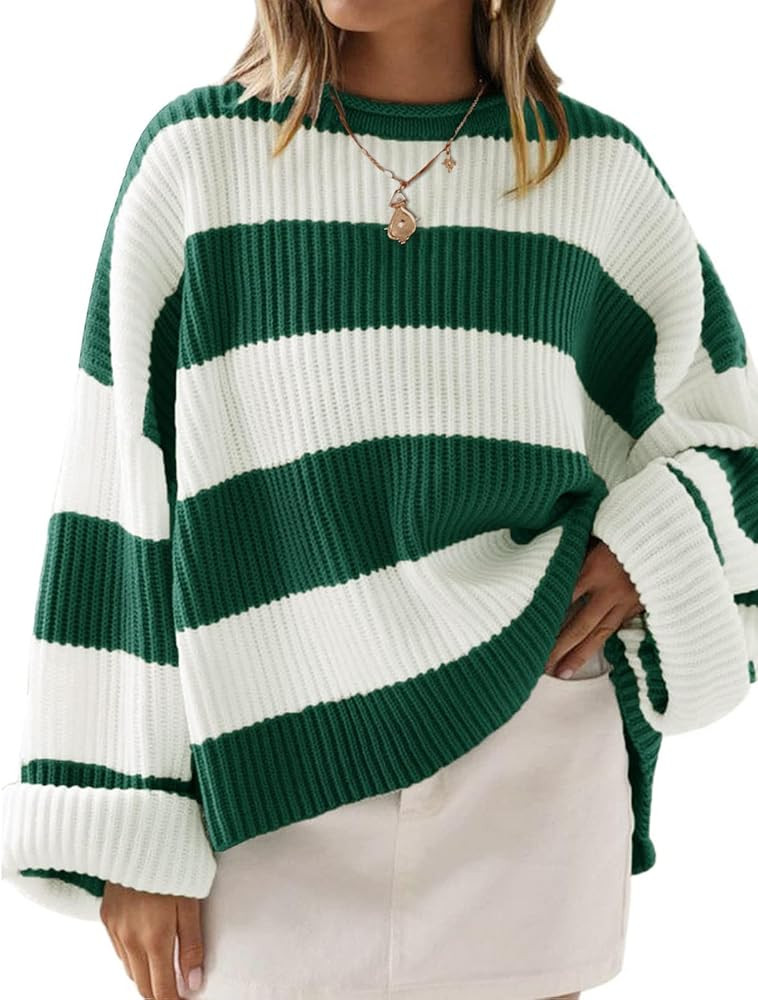 ZESICA Women's 2024 Fall Long Sleeve Crew Neck Striped Color Block Comfy Loose Oversized Knitted ... | Amazon (US)