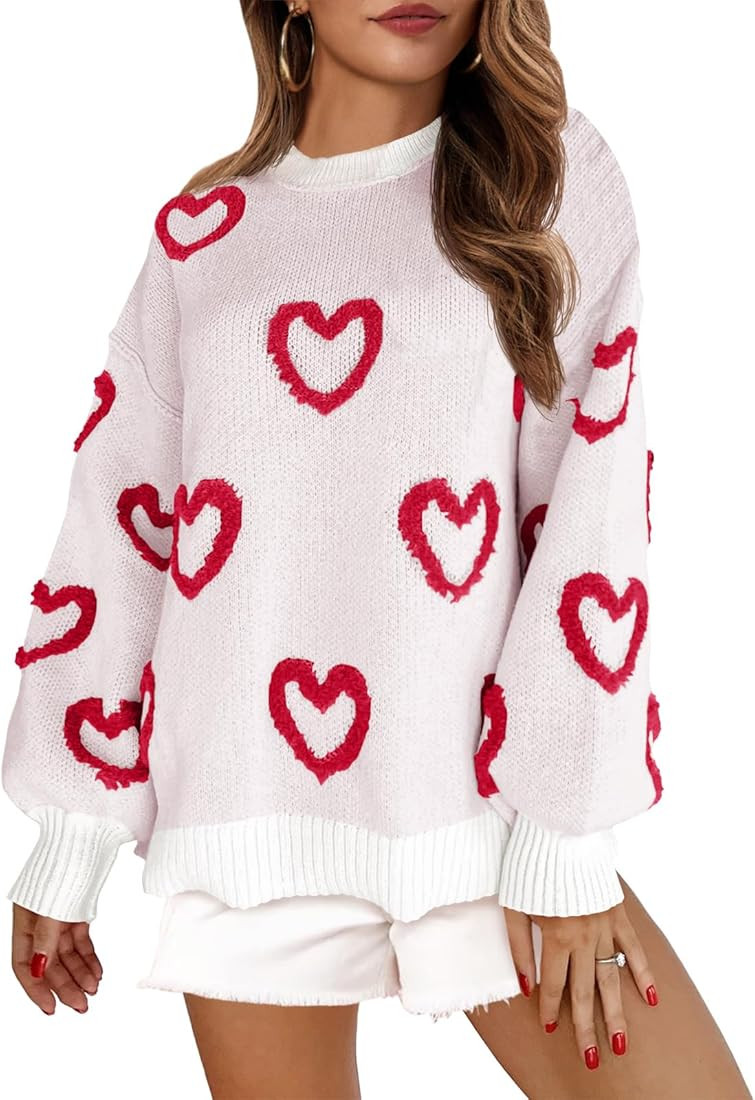 Saodimallsu Womens Heart Sweater Valentines Oversized Cute Winter Chunky Knit Crew Neck Side Slit... | Amazon (US)