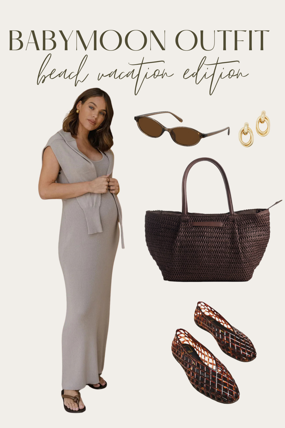 Neutral babymoon beach vibes and I am obsessed with this look 🤍☀️ A ribbed maternity maxi, sleeveless vest, woven tote, tortoise flats, and gold hoops — comfortable, stylish, and bump approved. Everything linked below! 

 #babymoon #maternitystyle #bumpfriendly #beachvacation #ltkmaternity #pregnancystyle #LTKootd #LTKBaby #LTKBump