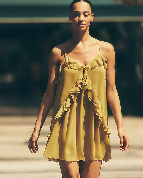 Scoop Neck Sleeveless Ruffle Flowy Mini Dress | Express