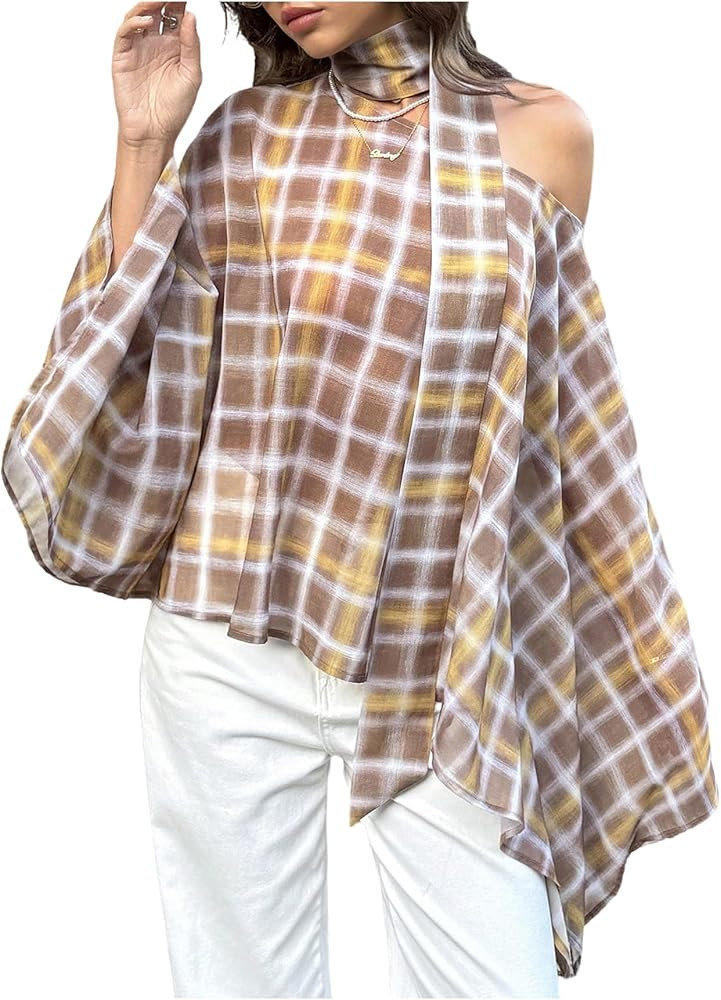 MakeMeChic Women's Plaid Scarf Shirt Poncho Top Fall Going Out Tops | Amazon (US)