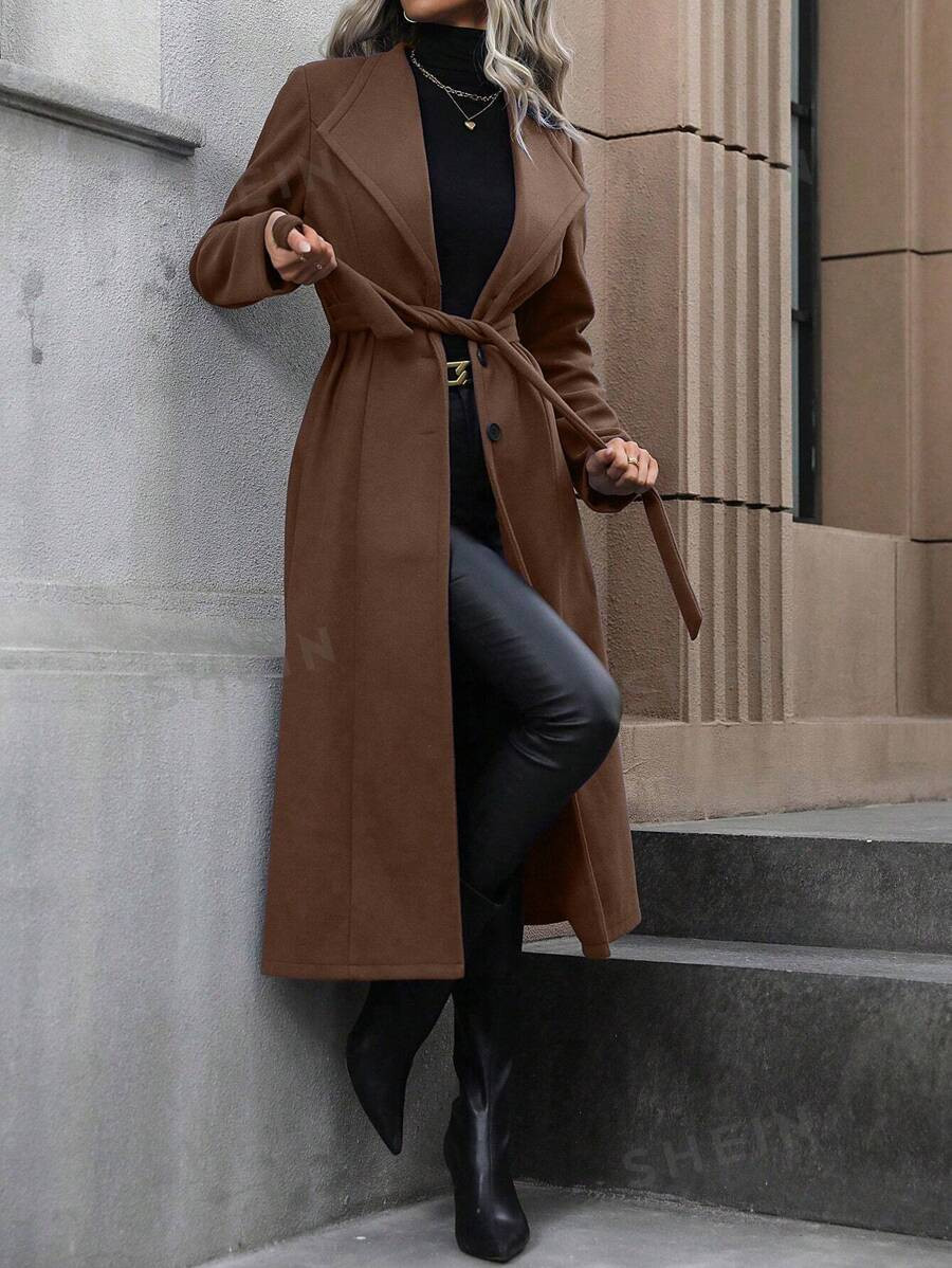 SHEIN Clasi Ladies' Long Sleeve Turn-down Collar Woolen Jacket | SHEIN