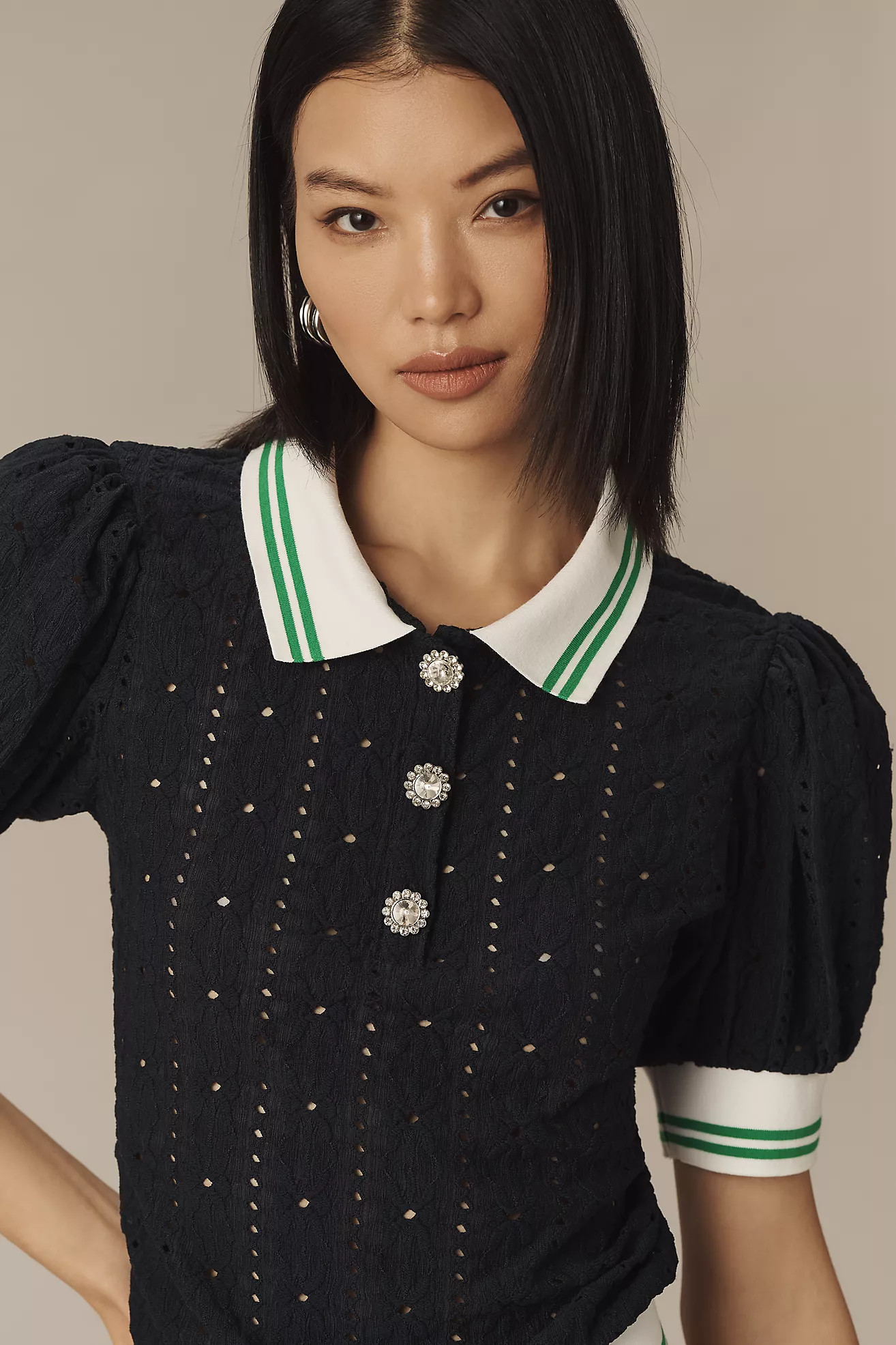 Maeve Puff-Sleeve Lace Polo Top | Anthropologie (US)