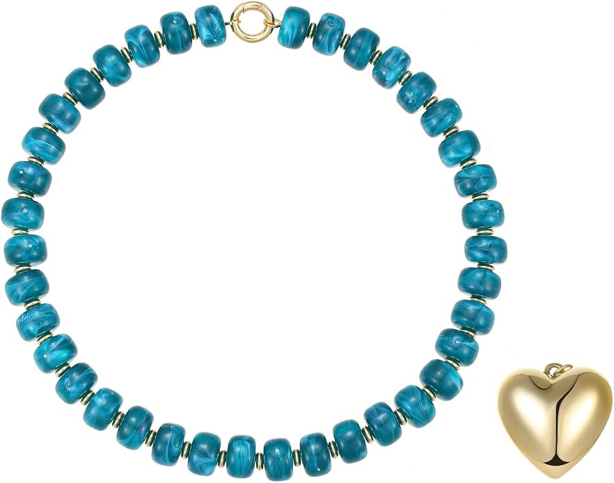 GZQ Chunky Plain Gold Heart Necklace for Women, Resin Beaded Chain,Easy Clasp Closure, Perfect fo... | Amazon (US)