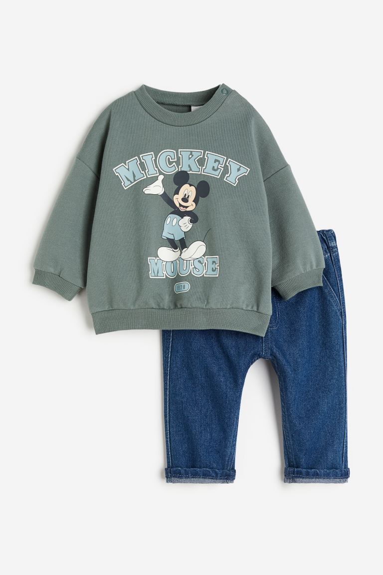 2-piece Sweatshirt and Joggers Set - Green/Mickey Mouse - Kids | H&M US | H&M (US + CA)
