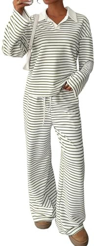 Sweetmoon 2 Piece Lounge Sets for Women Tall Oversized Sweatshirt Wide Leg Matching Pajamas Set Airport Travel Outfit Women green striped M | Amazon (US)