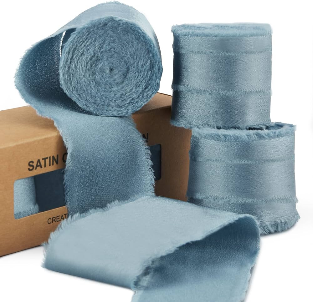 Dusty Blue Silk Ribbon, Satin Chiffon Frayed Fabric Ribbons for Gift Wrapping Crafts Flower Bouqu... | Amazon (US)