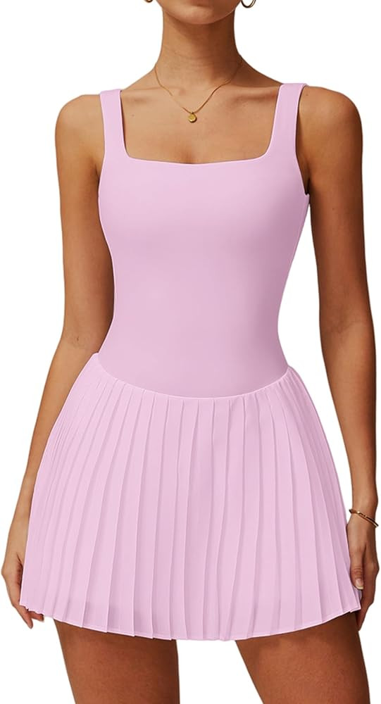 QBGJTD Womens Tennis Golf Dress with Built-in Bra Shorts Backless Square Neck Pleated Hem Athleti... | Amazon (US)